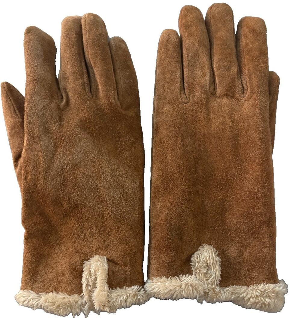 Isotoner Aris Suede Leather Gloves Womens 7 Caramel Tan Faux Fur Lined